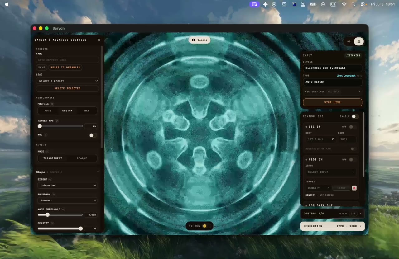 Baryon running on macOS, showing a cyan audiovisual form and live input, rendering, and MIDI/OSC controls